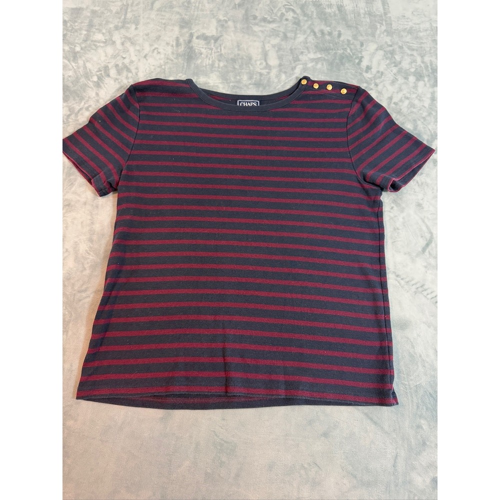 Chaps Classics Womens XL Navy Burgundy Striped Short Sleeve Gold Button Top
